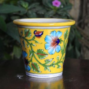 Yellow Flower Blue Pottery Planter