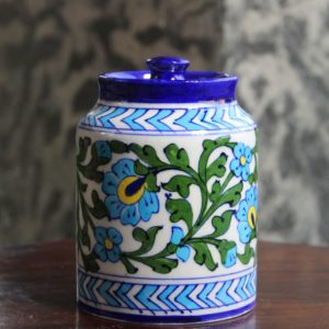 Blue Pottery White Green Leaf Sugar Jar