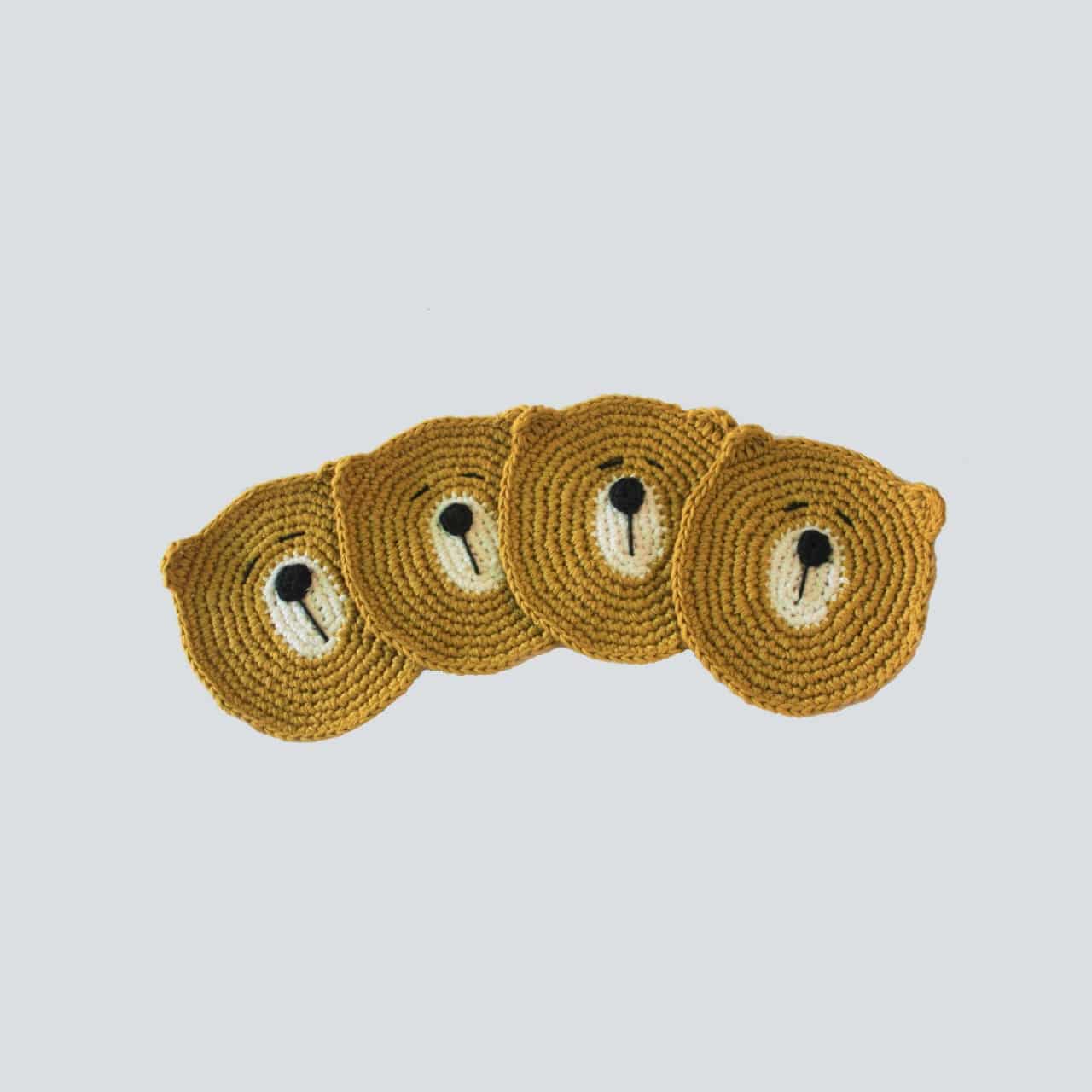 Plumtales Handcrafted Amigurumi Bear Coasters – Set of 4 – Mustard