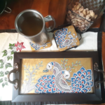 White Peacockpair Handpainted Tray with Coasters & Holder