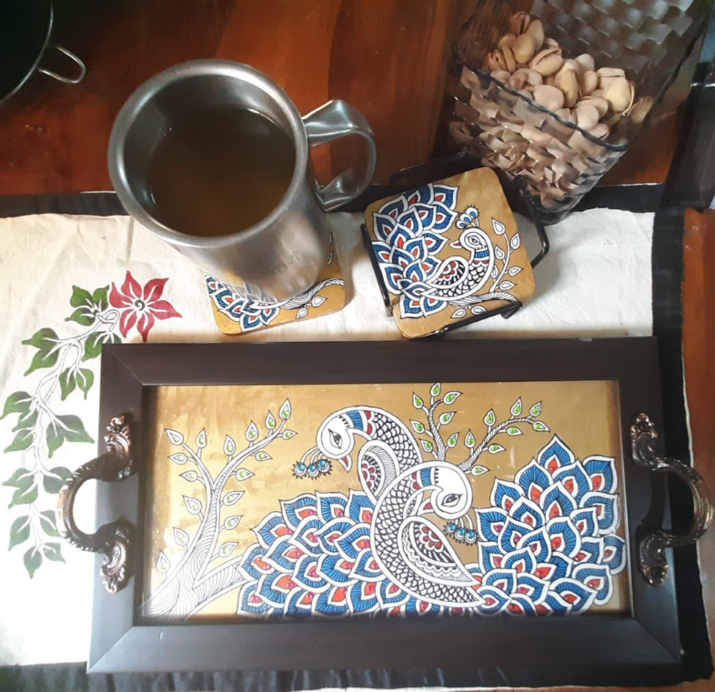 White Peacockpair Handpainted Tray with Coasters & Holder
