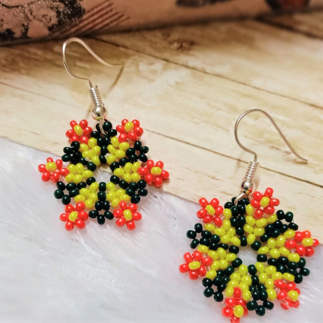 Green and yellow beaded earing