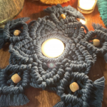 Handcrafted Knotted Natural Macramé Cotton Candle Coaster. BLUE LOTUS