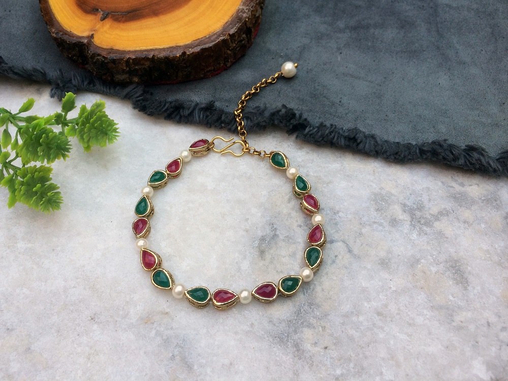 Drop Emerald-Marsala Stone and Pearl Bracelet
