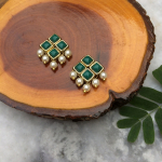 ” Green Resin Stone and Pearl Stud Earrings”