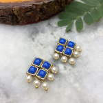 Dark Blue Resin Stone and Pearl Stud Earrings