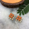 ” Red Resin Stone and Pearl Stud Earrings”
