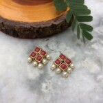 ” Red Resin Stone and Pearl Stud Earrings”