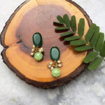 Green Stone and Crackled Pearl Stud Earrings