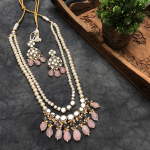 Rose Quartz and Kundan Long Layered Necklace Set