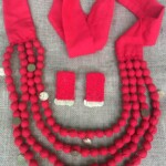 Red Fabric Beaded Neckpiece with Earrings set .