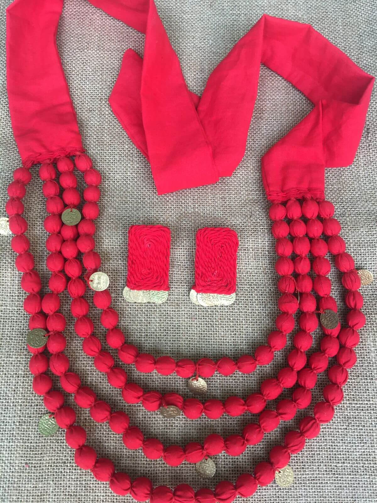 Red Fabric Beaded Neckpiece with Earrings set .