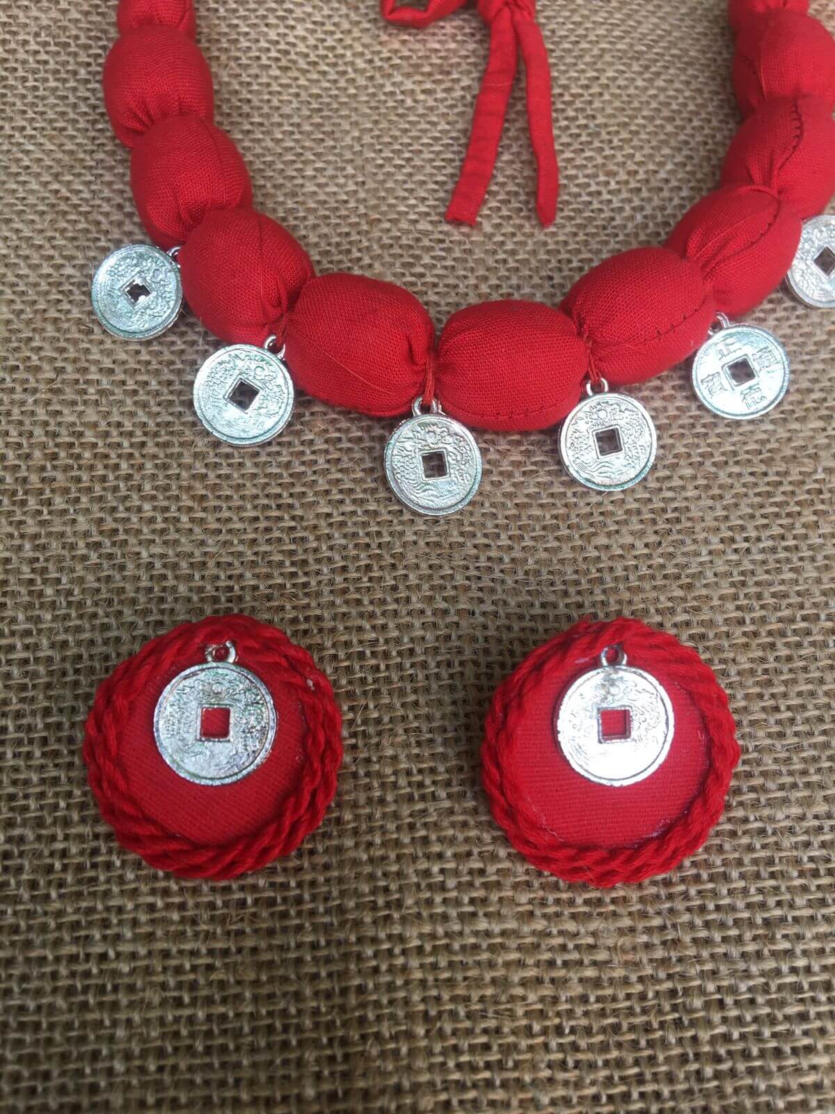 Red Fabric Beaded Neckpiece with Earrings set ( Single layer).