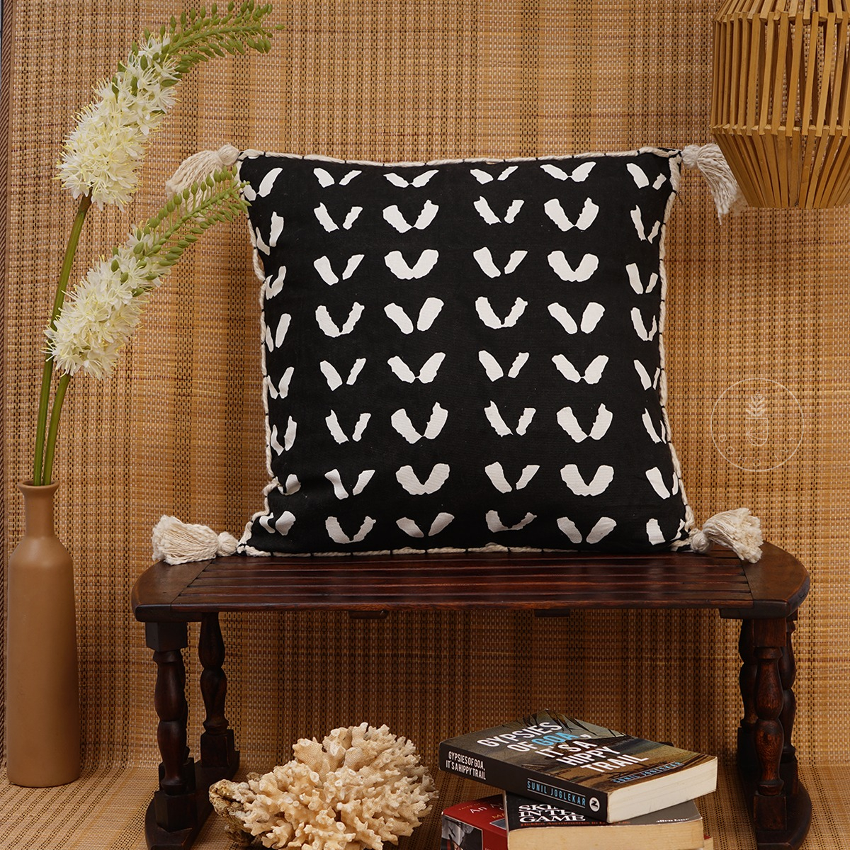 Rustic Black and White Hand Block Printed Cotton Designer Cushion Cover