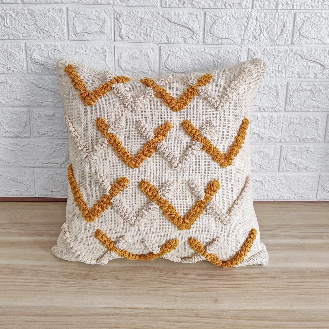 Ivory and mustard yellow hand tufted Cotton cushion cover