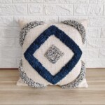 Ivory and Navy Blue diamond design hand tufted cushion cover