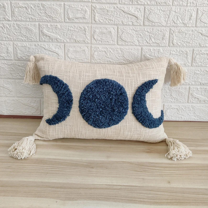 Teal Blue & Ivory Moon phases cushion cover