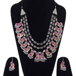 Women’s and Girl’s German Silver Studded Statement Necklace Set with Earrings