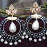 Three leaf champagne diamond pearl drop earrings