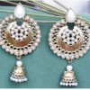 GOLD JHUMKAS STUDDED WITH UNCUT DIAMONDS AND DANGLING PEARL STRINGS
