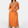 Peach princes line side cut kurta with off white embroidered palazzo pant