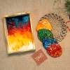 Set of 2 Handcrafted Diary, 1 Handpainted Wooden Tray and 2 Wooden Coaster paired with 2 Rakhi ( COMBO 2 )