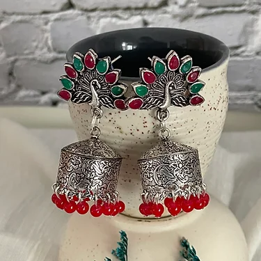 Dancing Peacocks – Red and Green Jhumkas with Studs