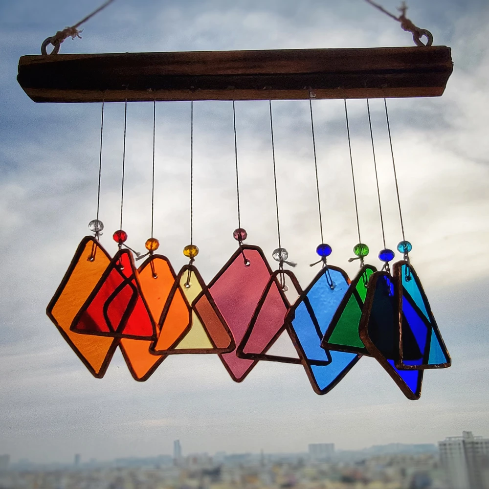 Multi color stained glass rainbow windchime hanging
