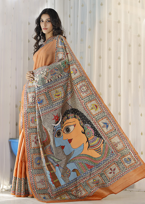 Madhubani Hand-painted Folk Lady Tussar Ghicha Silk Saree