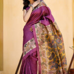 Kalamkari Hand-painted Color Block Tussar Silk Saree