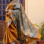 Kalamkari Hand-painted Color Block Tussar Silk Saree
