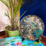Dark green gold Resin clock with wooden stand