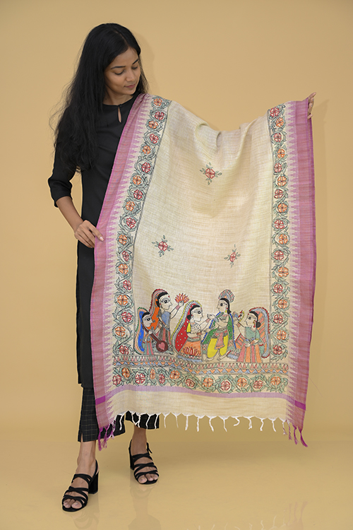 Kalamkari Hand-painted Maheshwari Handloom Silk Dupatta