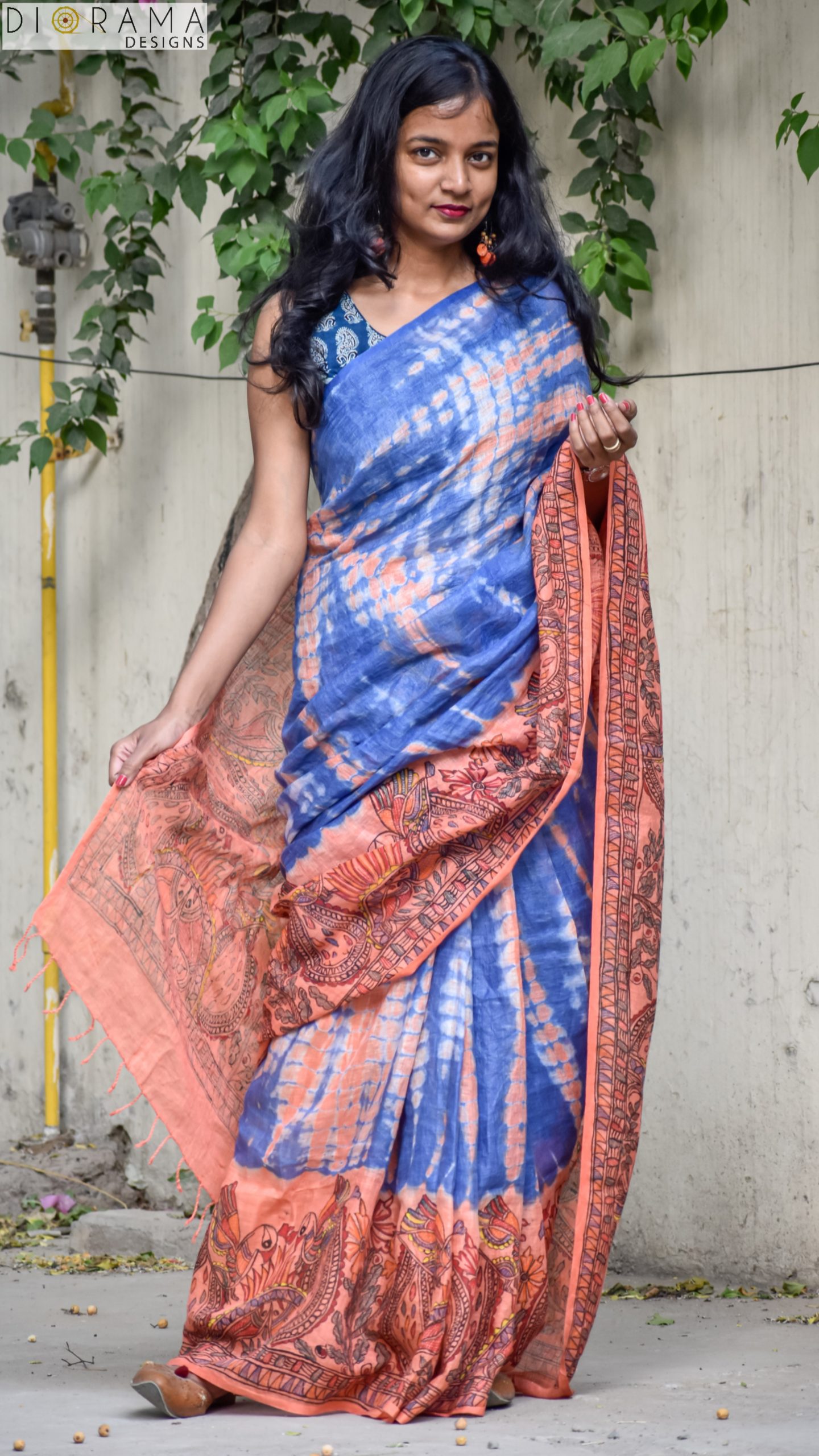 Shibori Bandhani Tie & Dye Madhubani Painting Linen Saree