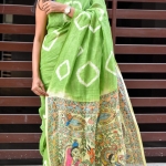 Shibori Bandhani Tie & Dye Madhubani Painting Linen Saree