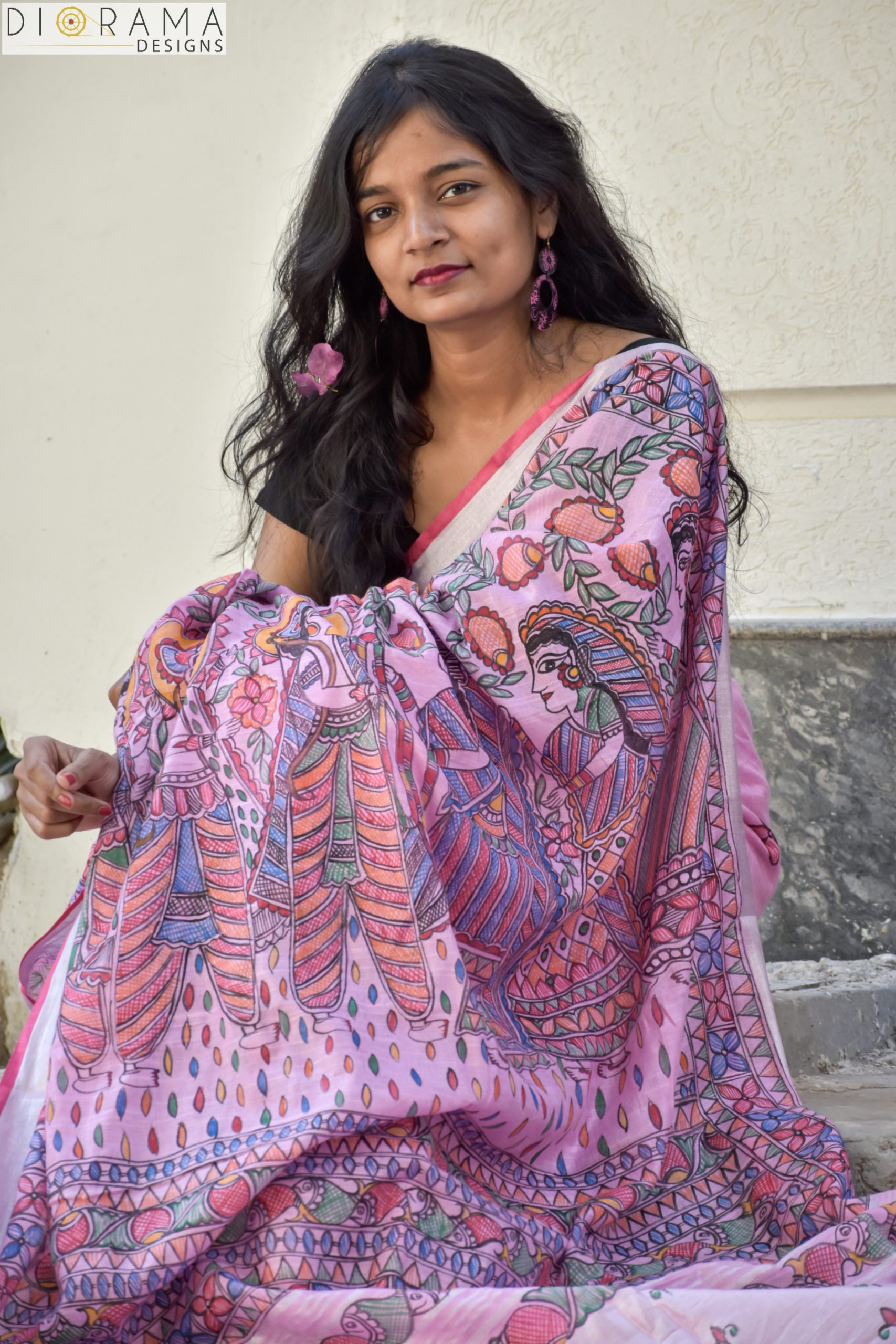 Madhubani Hand-painted Pink Linen Saree