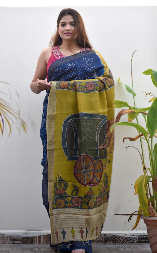 Ajrakh Linen Hand Block Printed Saree