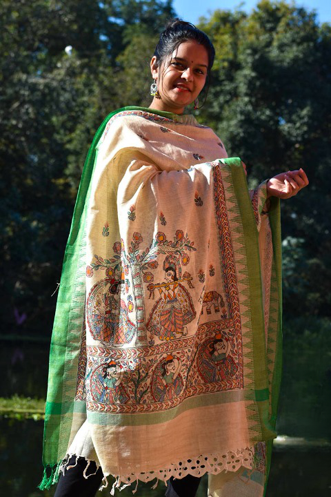 Madhubani Hand-painted Tussar Silk Dupatta