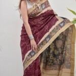 Hand Painted Bandhani Kalamkari Munga Silk Saree