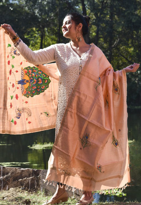 Madhubani Hand-painted Tussar Silk Dupatta