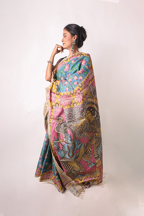 Kalamkari Hand-Painted Handloom Tussar Silk Saree