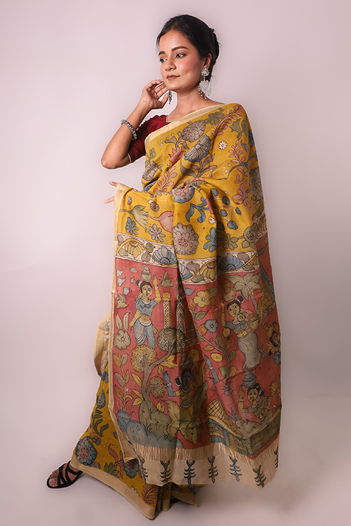 Madhubani Hand-painted Linen Saree