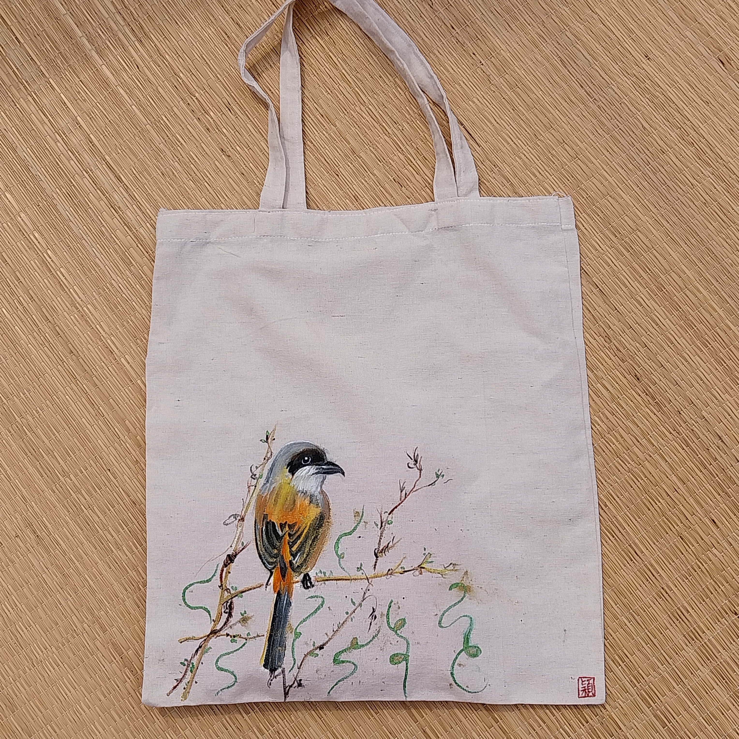 Birds of India Series- Long-tailed Shrike- Tote Bag Hand painted by Wing-yin LAU
