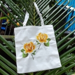 Designer white tote bag. Embroidered classic rose motif shoulder bag, Pure cotton, eco-friendly, sustainable hand bag.