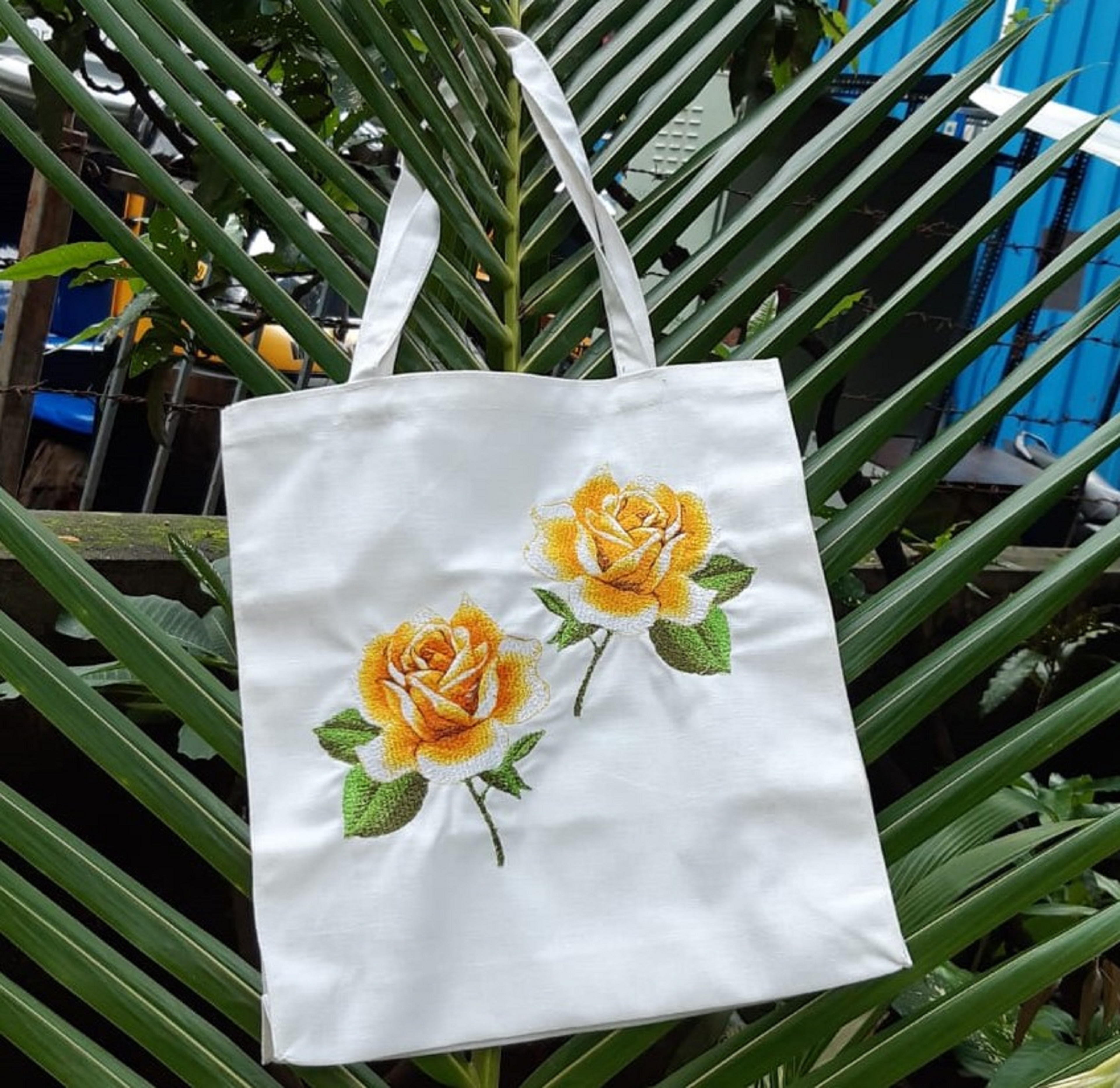 Designer white tote bag. Embroidered classic rose motif shoulder bag, Pure cotton, eco-friendly, sustainable hand bag.