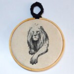 Embroidered lion head hoop art, Charcoal sketch look wall décor, uncommon gift.