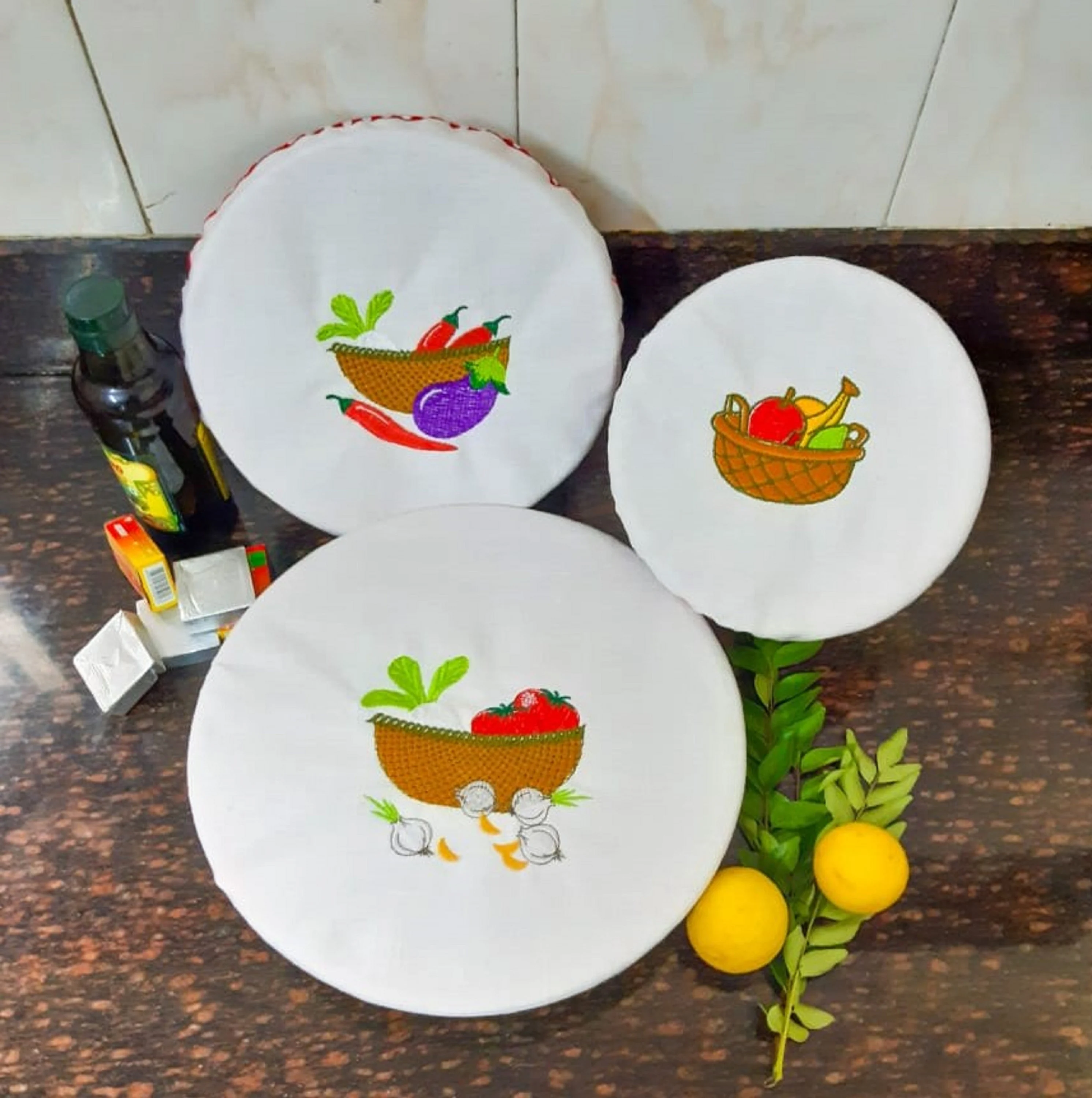 Embroidered fabric bowl cover set, Zero-waste kitchen aid, Durable, reusable, and machine washable kitchen décor.