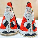 Santa Christmas ornament set, Embroidered conical danglers, Handmade holiday décor and gifts for Christmas and home.