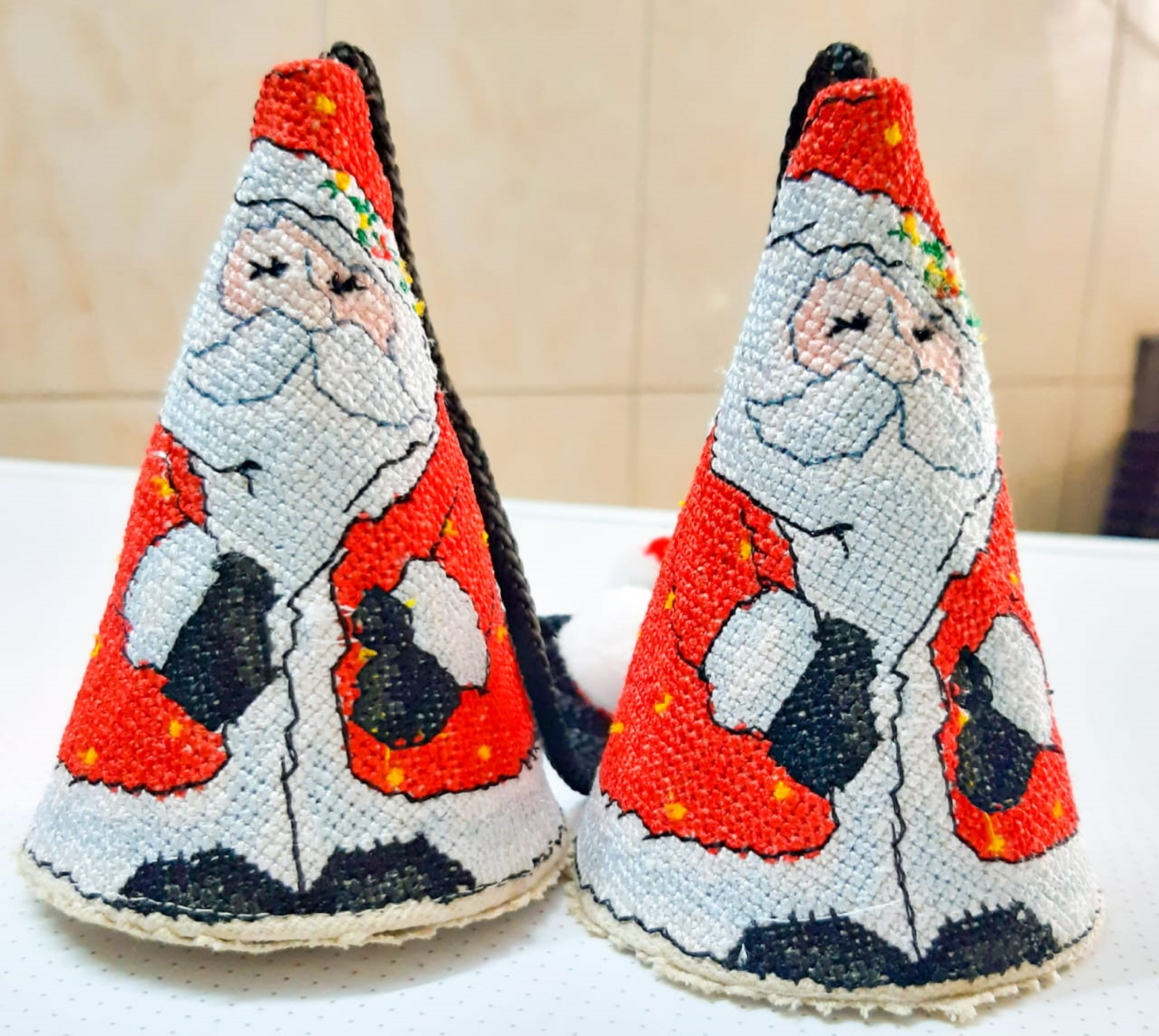 Santa Christmas ornament set, Embroidered conical danglers, Handmade holiday décor and gifts for Christmas and home.