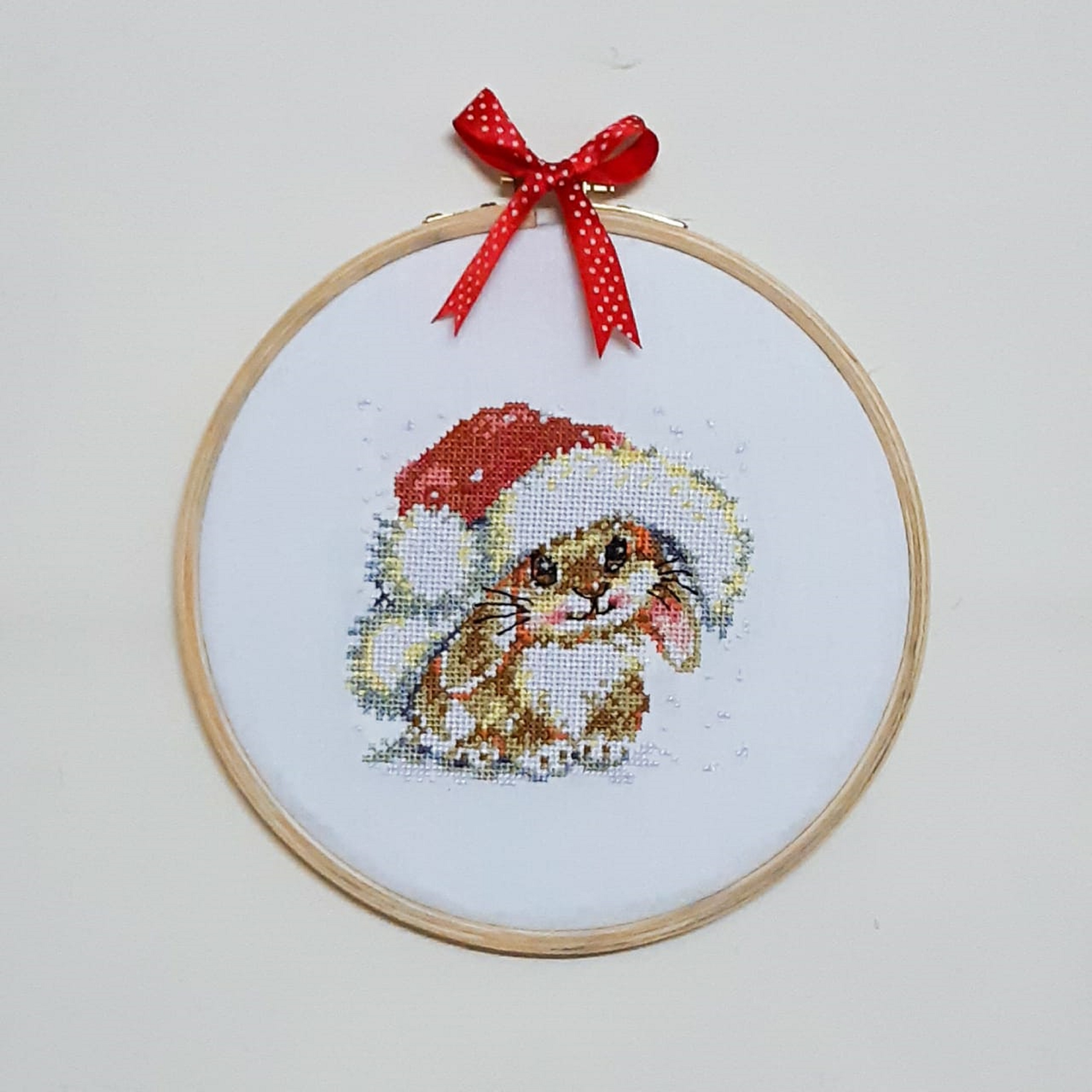 Christmas bunny embroidered wall decor, Bunny gift, Cute nursery, living room festive decor